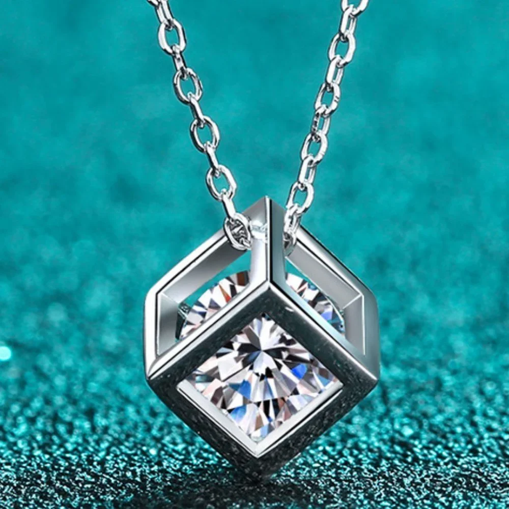 Certified 1ct. t.w. Diamond Moissanite Cube Necklace NEW